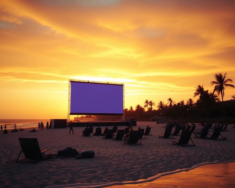 Bezoek een strandbioscoop bij zonsondergang