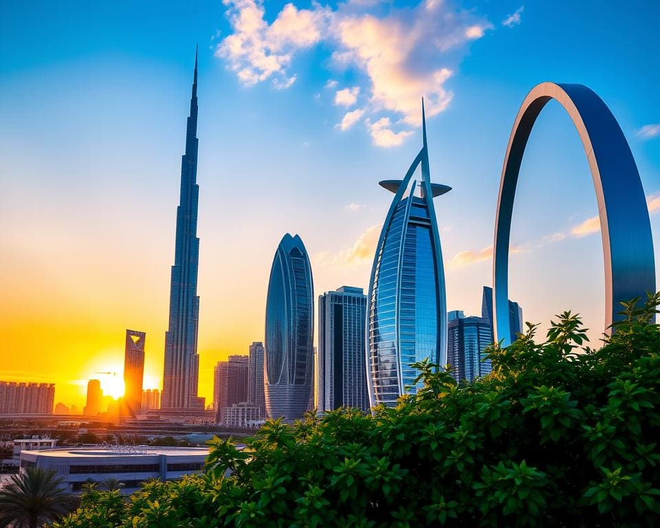 Dubai skyline met Burj Khalifa, Burj Al Arab en Dubai Frame