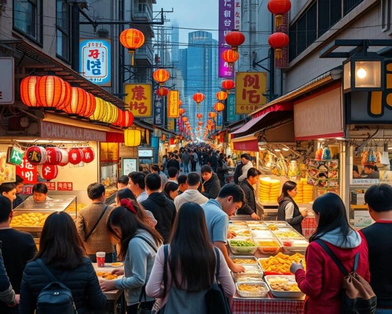 Proef de gerechten van de straatmarkten in Seoul