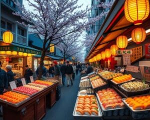 Proef de verse sushi in de straten van Tokio