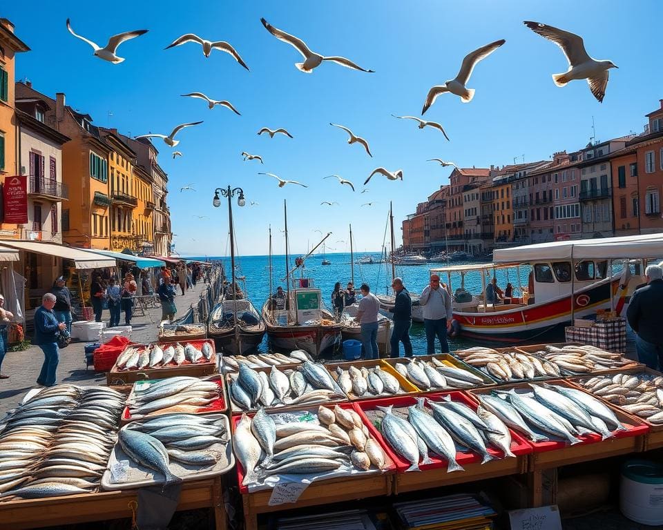 Proef de verse vis in de haven van Genua, Italië