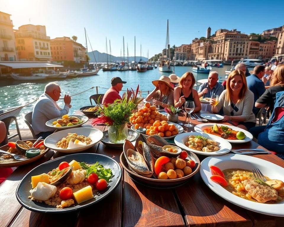 Proef de verse visgerechten in de haven van Genua