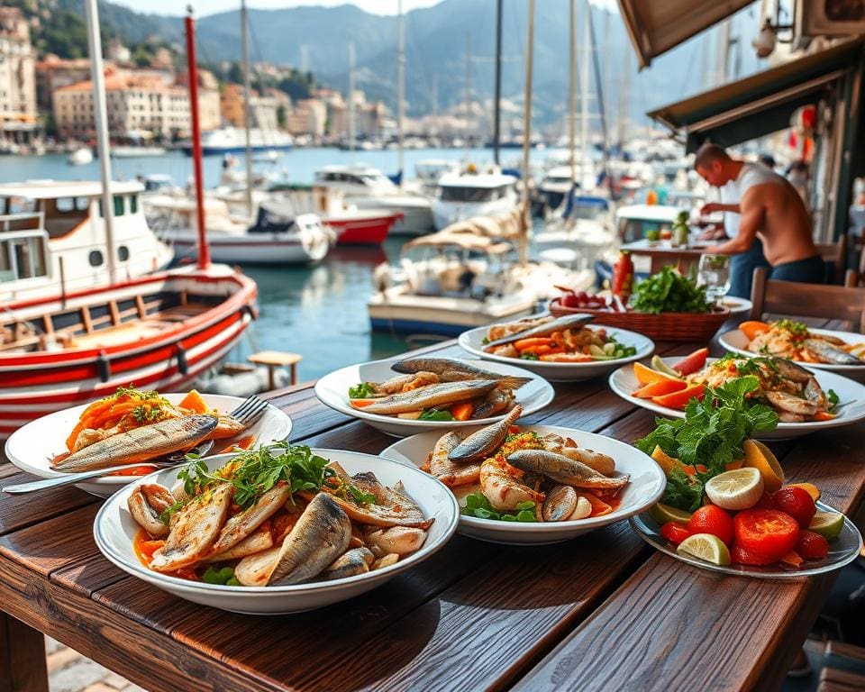 Proef de verse visgerechten in de haven van Genua