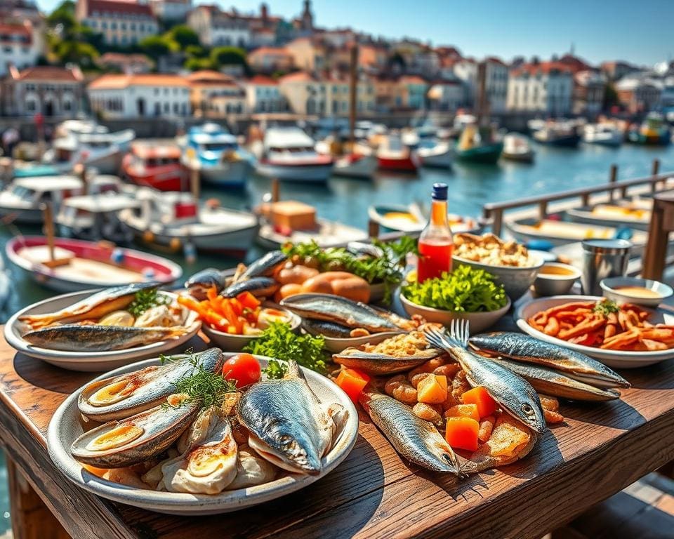 Proef de verse visgerechten in de haven van Lissabon