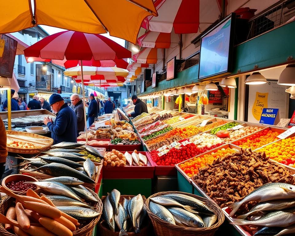 Vismarkt Valencia met verse visgerechten