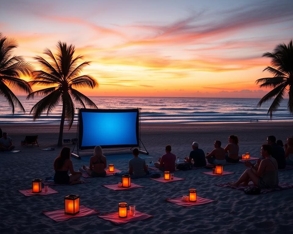 bezoek een strandbioscoop bij zonsondergang