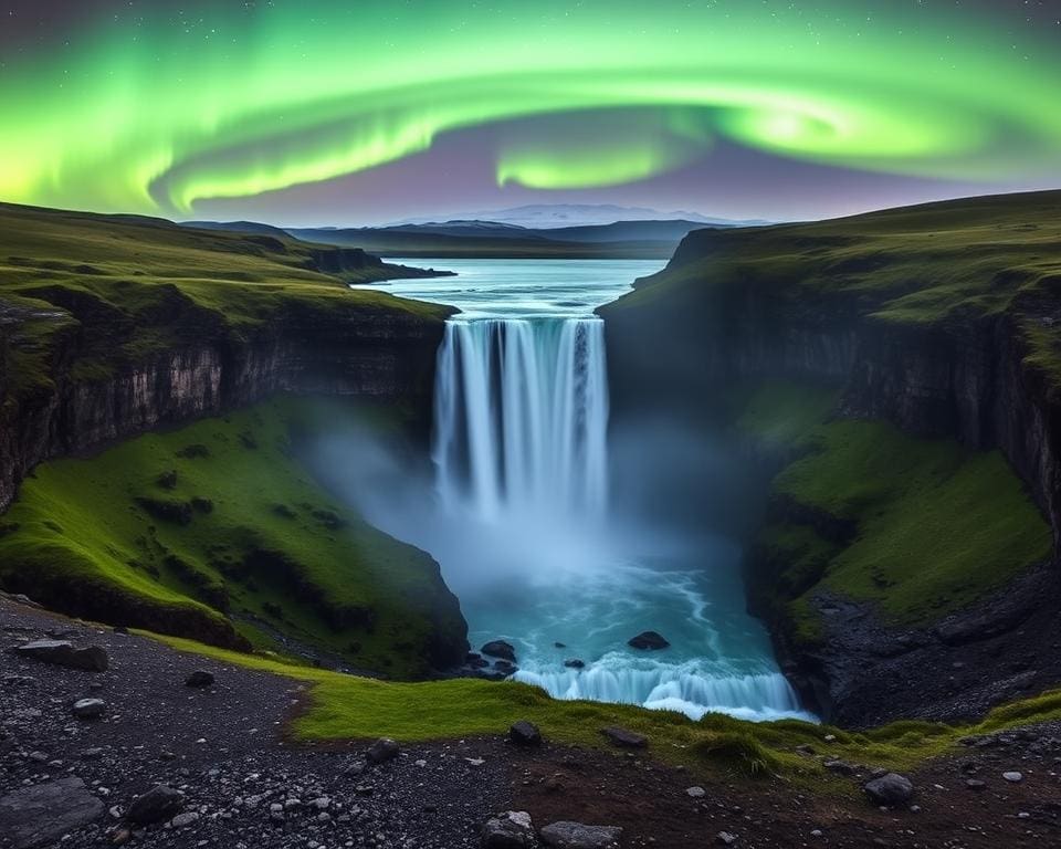 Noorderlicht en Gullfosswaterval in IJsland