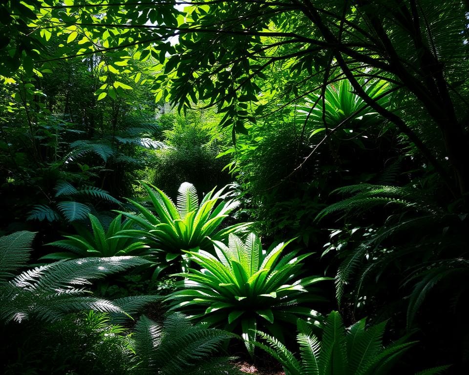 varens en kruipende planten in schaduwrijke tuin