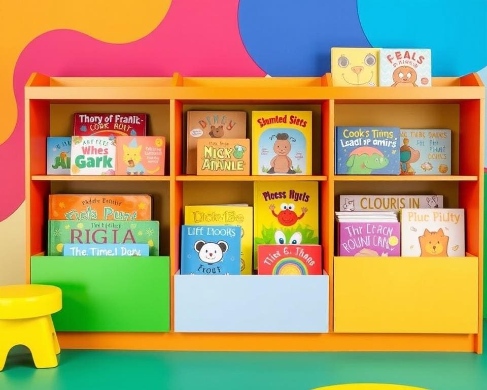 Kinderboekenrekken met vrolijke kleuren en ontwerpen