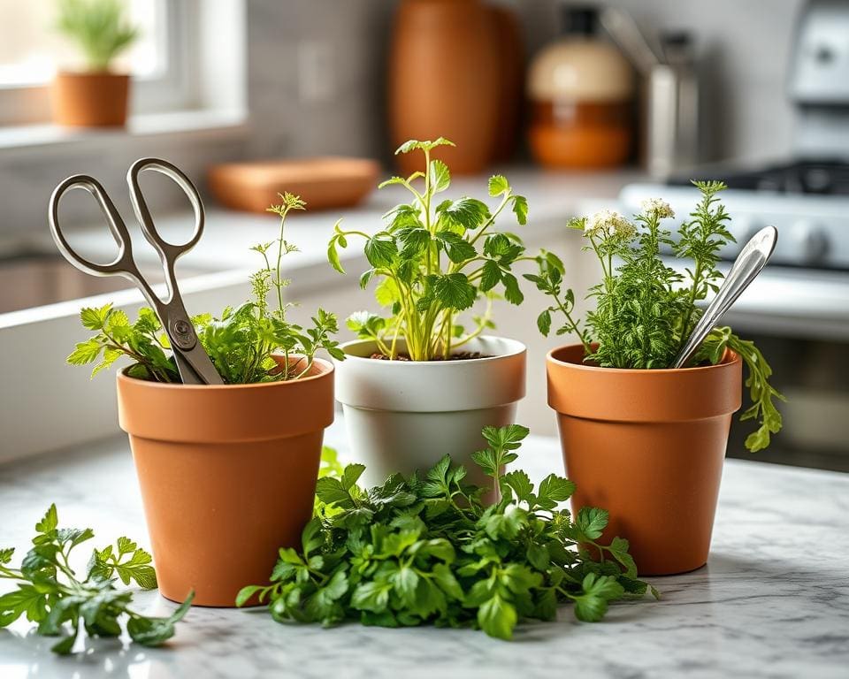 kruidenpot met schaar, kruidenpot met pipet, kruidenpot met lepel